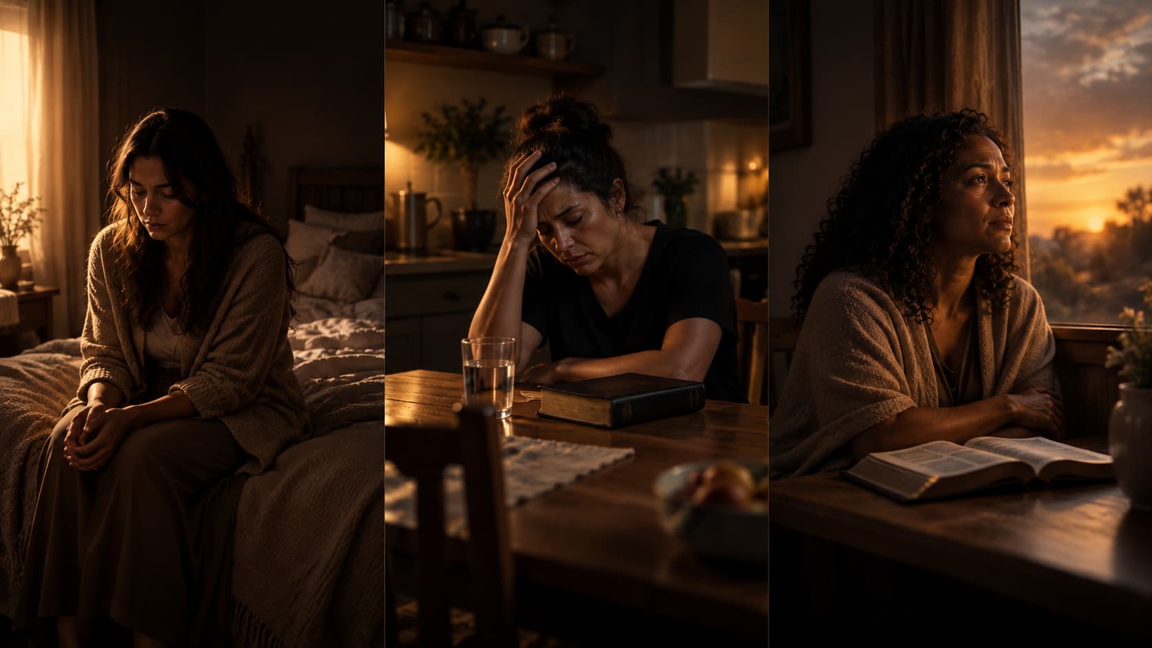 Três mulheres em momentos diferentes de exaustão no dia a dia