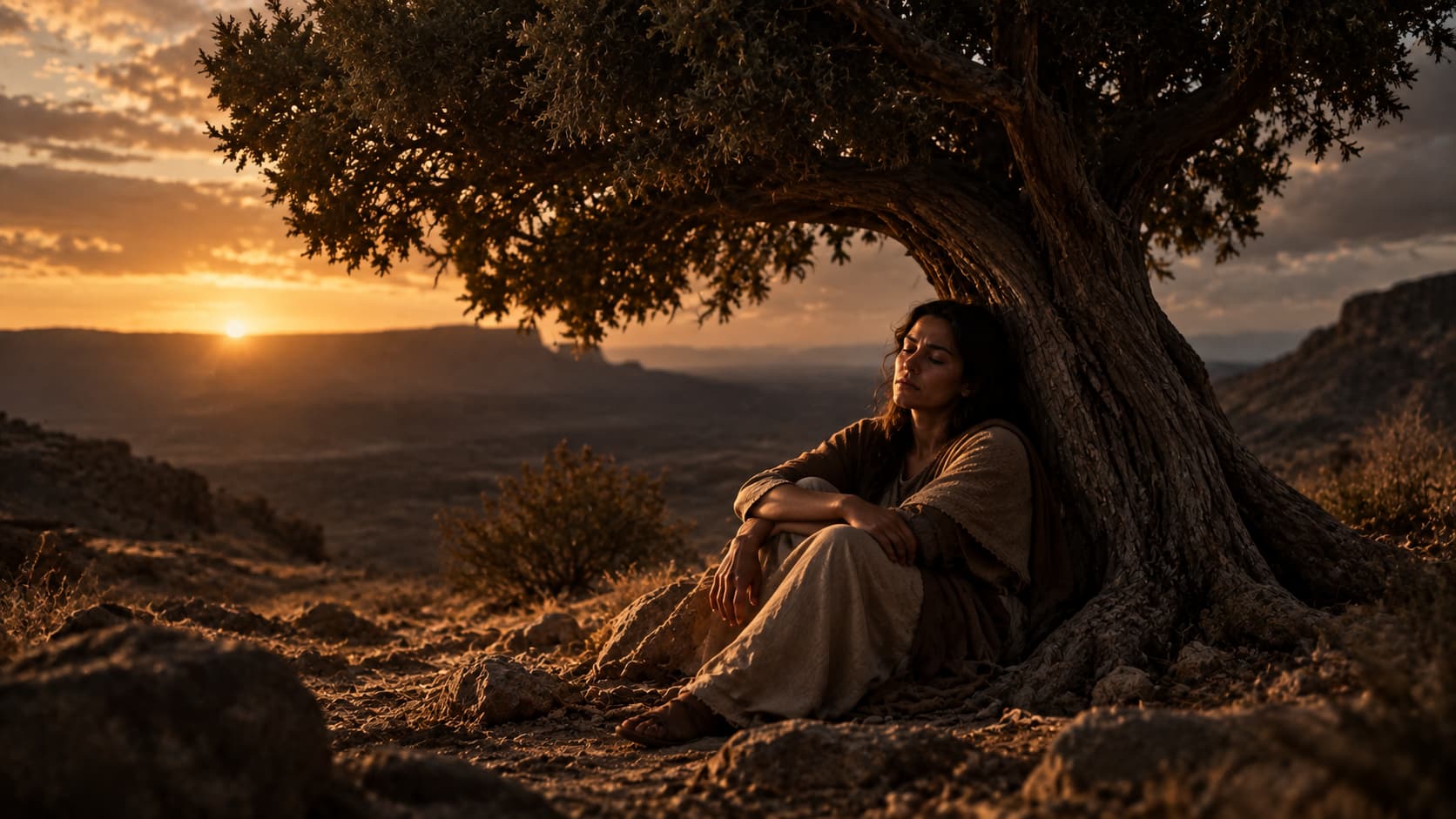 Mulher descansando sob um zimbro, luz aberta no deserto