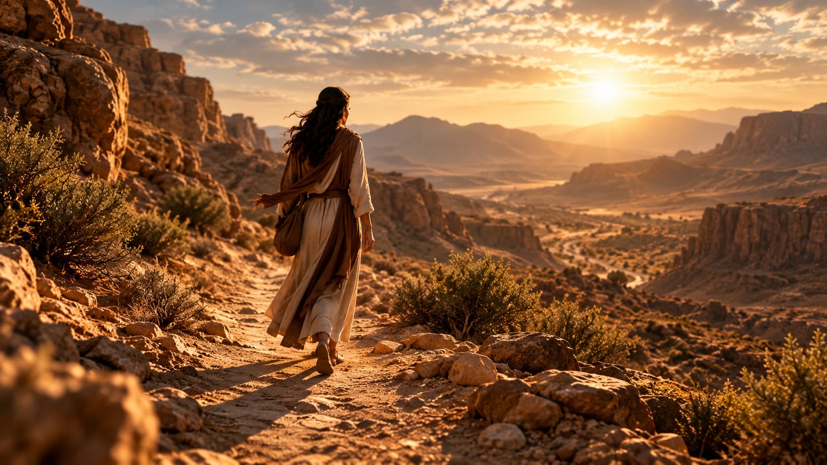Mulher caminhando por um trilho de deserto sob luz de manhã