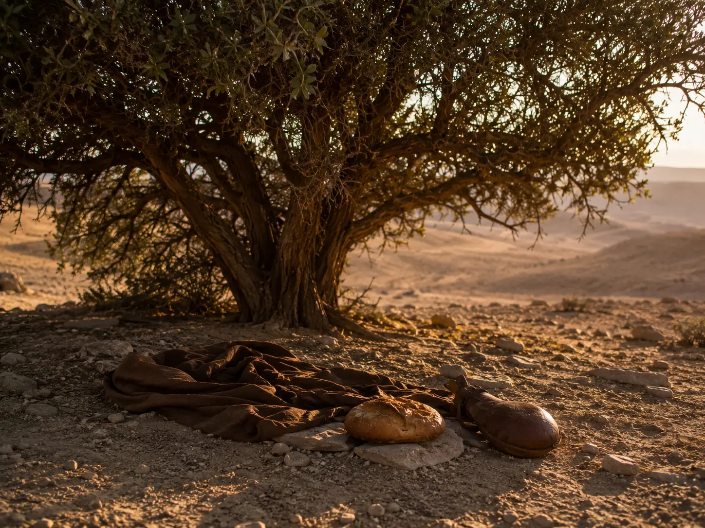 Um manto dobrado, pão e cantil de couro debaixo de um zimbreiro solitário no deserto, ao entardecer